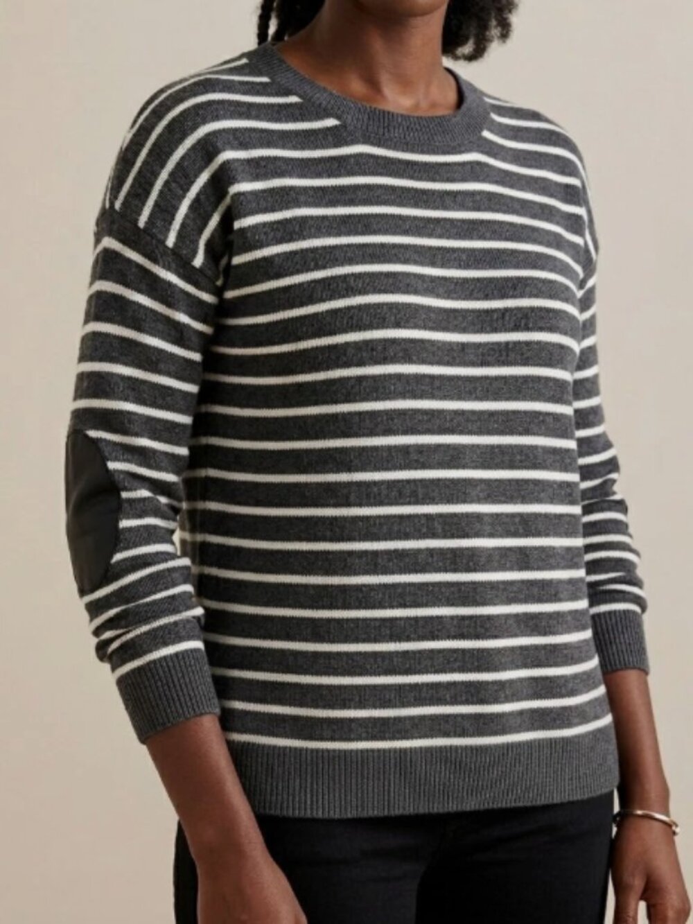 J Crew Sweater Womens Small Gray White Stripe Merino Wool Elbow Patch